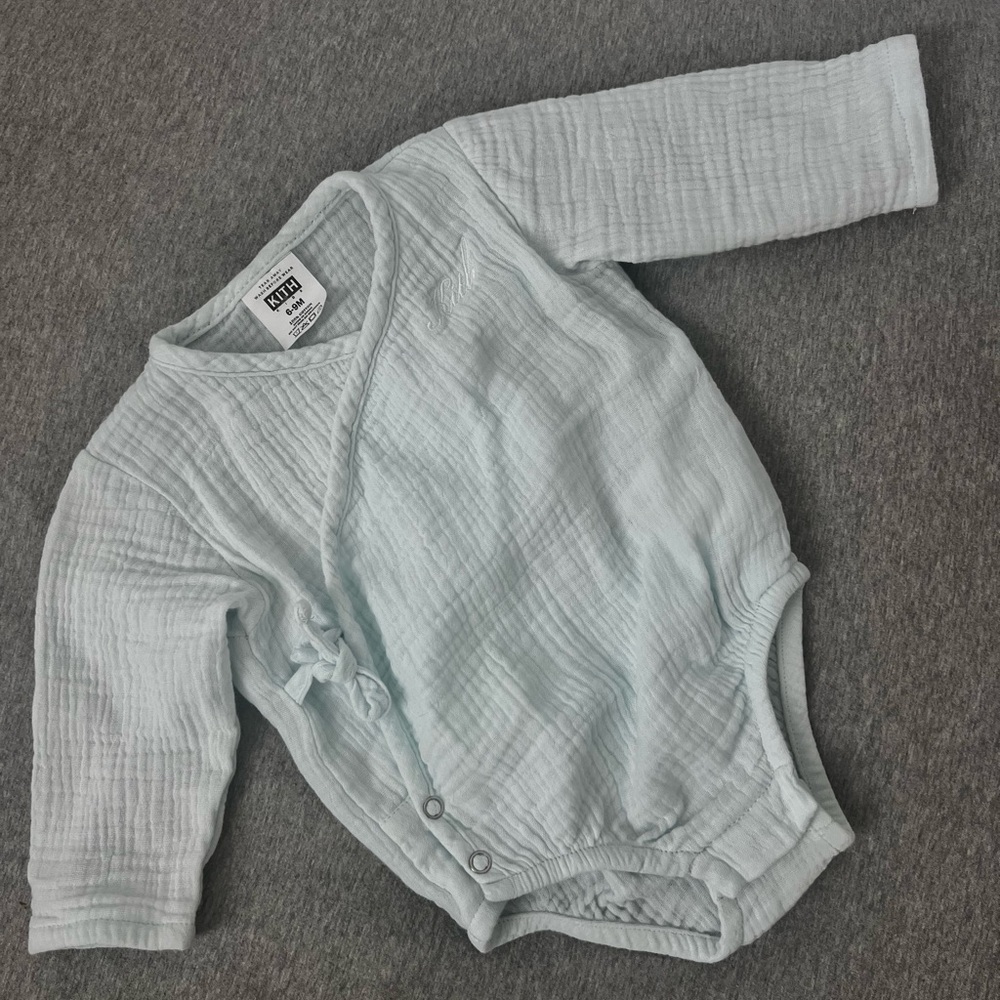 Kith Blue Logo Embroidered Wrap Bodysuit in Cotton Gauze 6-9Months​
